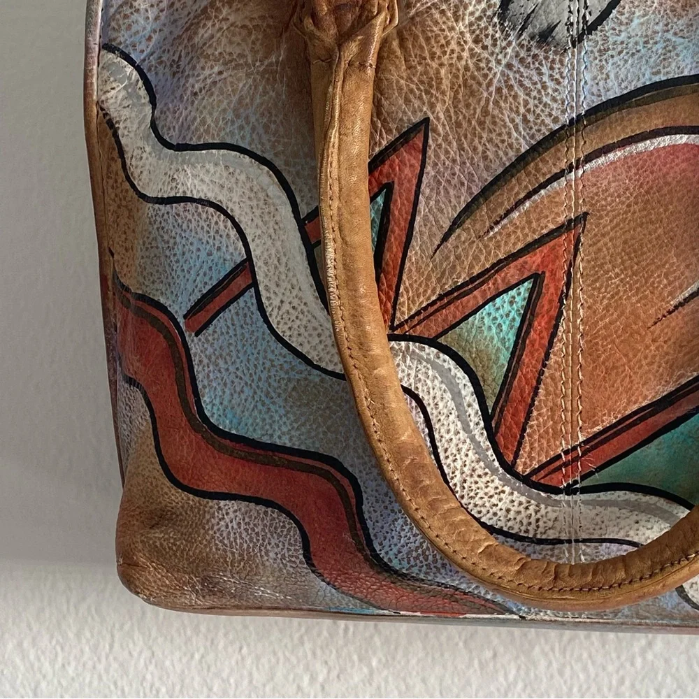 Allan Edward Hand Painted Leather Abstract Double- Handled Satchel Shoulder Bag